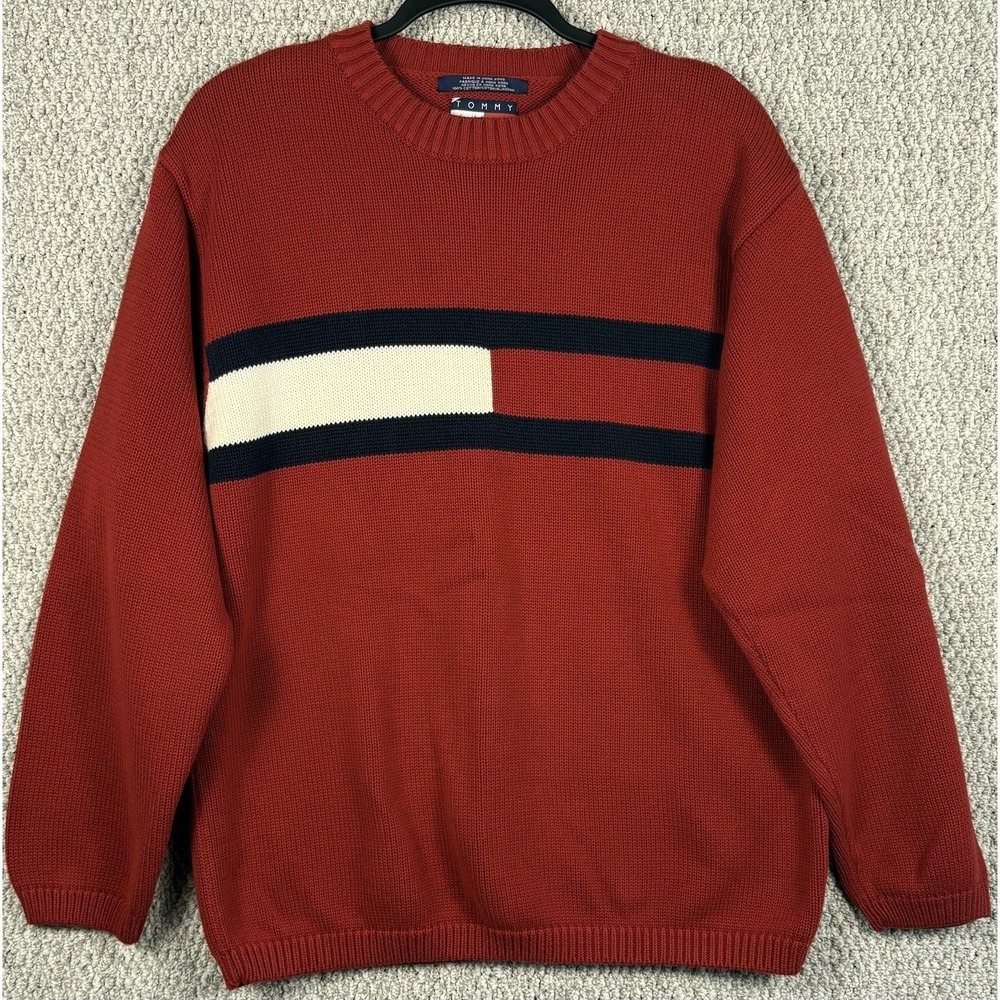 Vintage 90s Tommy Hilfiger Flag Logo Cotton Sweater Red‎ Colorblock Mens M